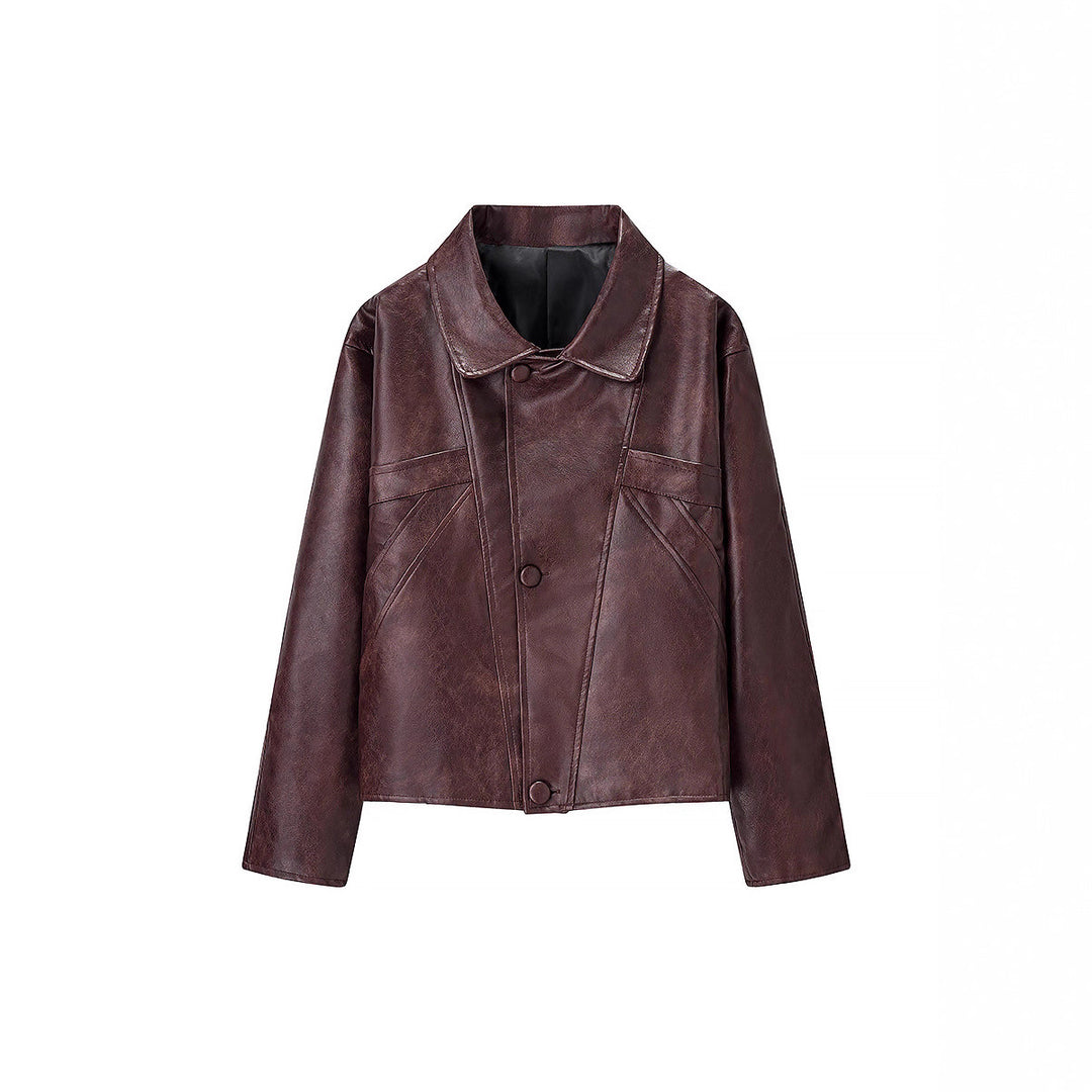 Women Short Boxy Faux Leather Blouson with Geometric Stitch Details and Shirt Collar Mune Fashion
