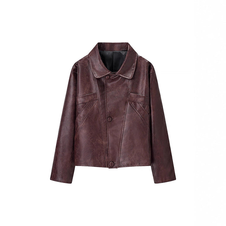 Women Short Boxy Faux Leather Blouson with Geometric Stitch Details and Shirt Collar Mune Fashion