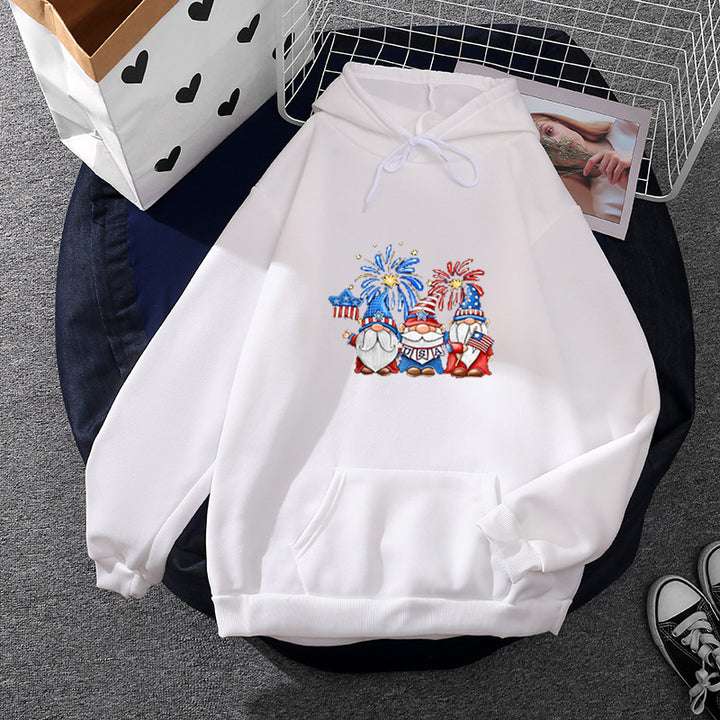 Women's hoodie with patriotic garden gnome print, brushed fleece lining, oversized cut, and kangaroo pocket Mune Fashion