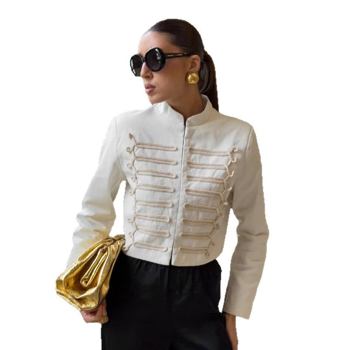 Women Cropped Military Blazer with Stand Collar and Decorative Cord Decoration Mune Fashion