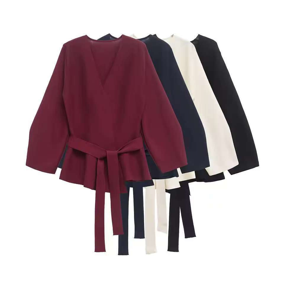 Women Tailored Blouse with Wrap Belt and Peplum Drune