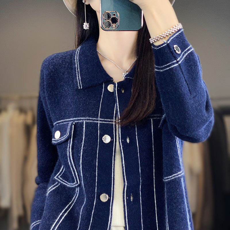 Women's Oversized Knit Jacket in Denim Jacket Look with Contrasting Seam Details and Chest Pocket Mune Fashion