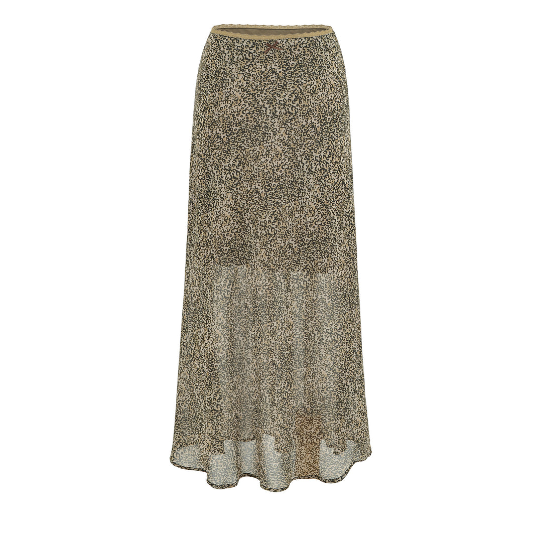 Women Light Midi Skirt Made of Chiffon with Leopard Print and Elastic Waistband