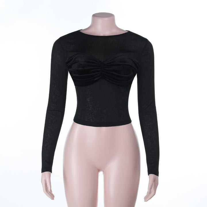 Women's Transparent Mesh Crop Top with Long Sleeves and Ruched Bustier Look Mune Fashion