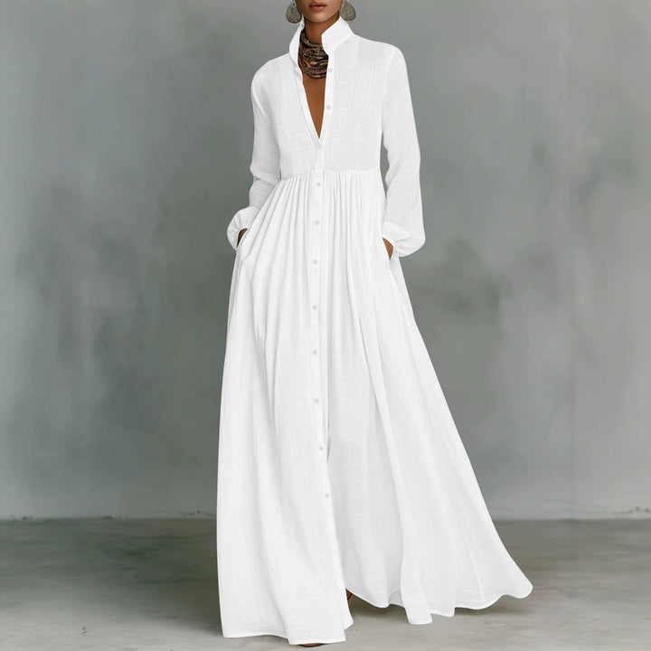 Ladies Maxidress with stand-up collar, continuous button placket, waist-high gathering and side pockets Mune Fashion