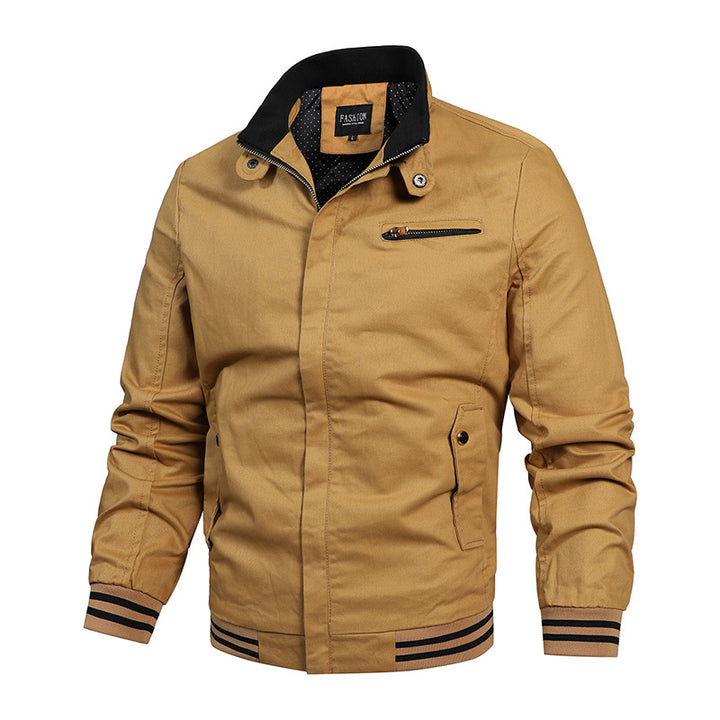Men's modern canvas bomber jacket in varsity style with striped ribbed cuffs and concealed front placket.