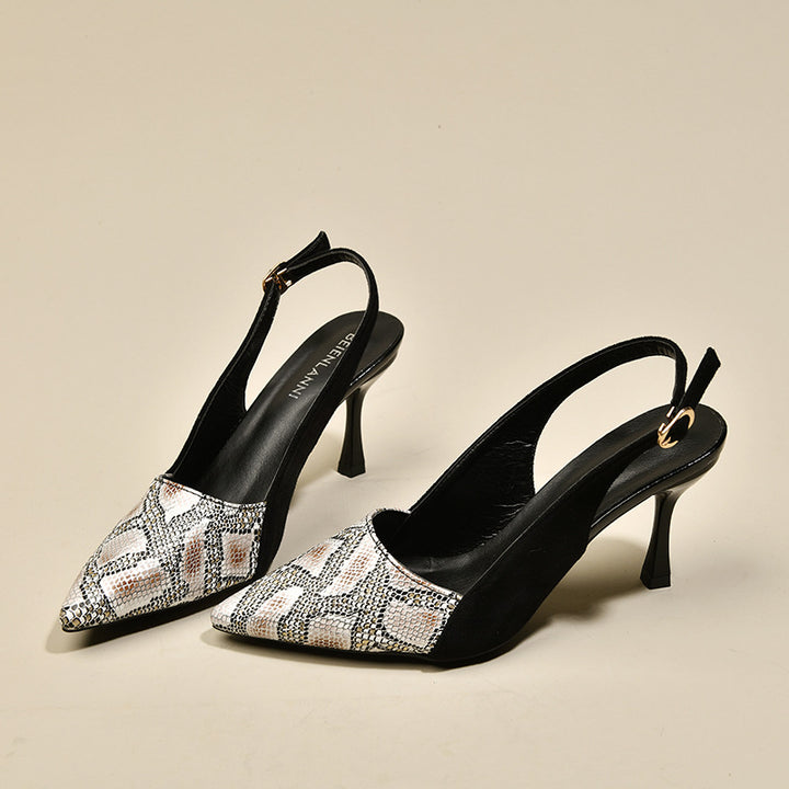 Women's pointed pumps with ankle strap, reptile embossing, and slim stiletto heel Mune Fashion