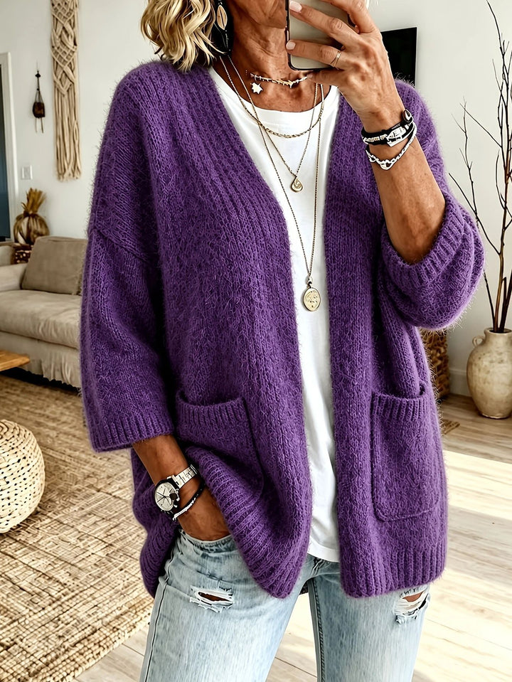 Women's Open Long Cardigan in Mohair Look with Patch Pockets and Dropped Shoulder Mune Fashion