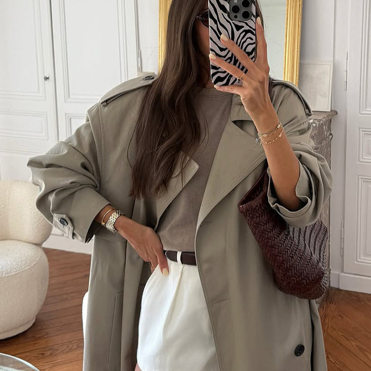 Women Oversize Trench Coat made of lightweight Gabardine with shoulder flaps and waterfall collar Mune Fashion