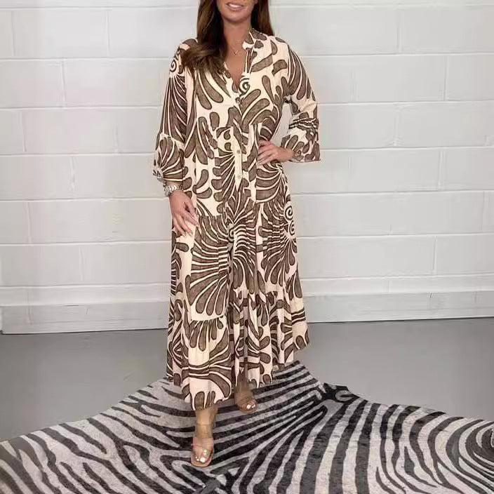 Ladies Long Tiered Dress with Button Placket and Abstract Leaf Print Mune Fashion