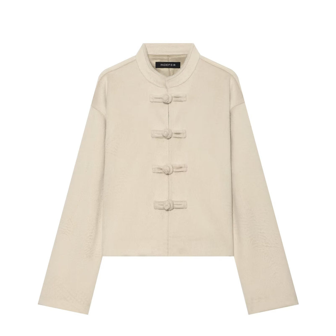 Women's Short Teddy Jacket with Mandarin Collar and Decorative Knot Closures Drune