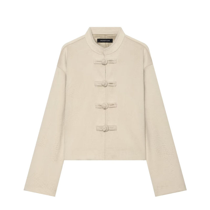 Women's Short Teddy Jacket with Mandarin Collar and Decorative Knot Closures Drune