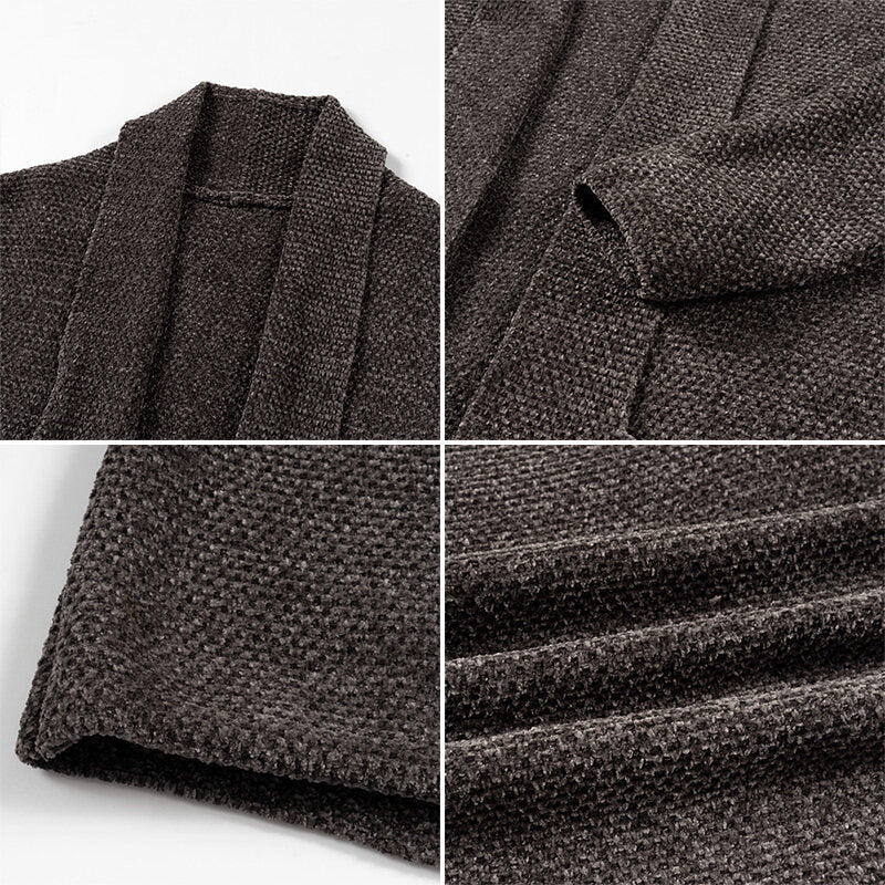 Men's open knit coat with wide falling shawl collar and patch hip pockets Mune Fashion