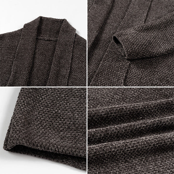 Men's open knit coat with wide falling shawl collar and patch hip pockets Mune Fashion