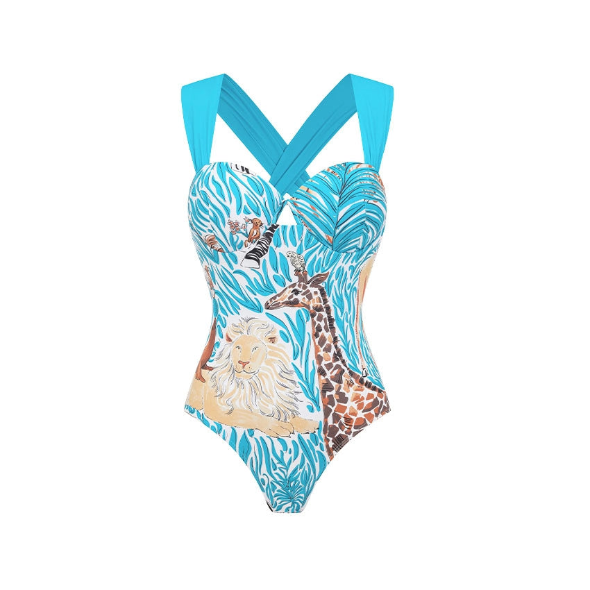 Women's One-Piece Swimsuit with Animal Print and Elegant Waistline Mune Fashion