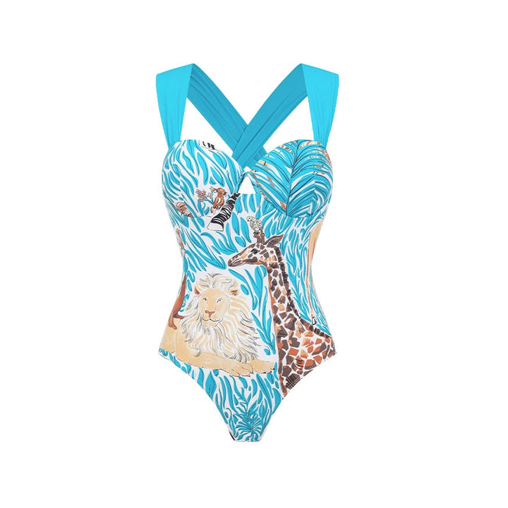 Women's One-Piece Swimsuit with Animal Print and Elegant Waistline Mune Fashion
