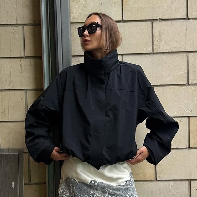 Women's Cropped Wind Jacket with high-closing stand-up collar and boxy silhouette Mune Fashion