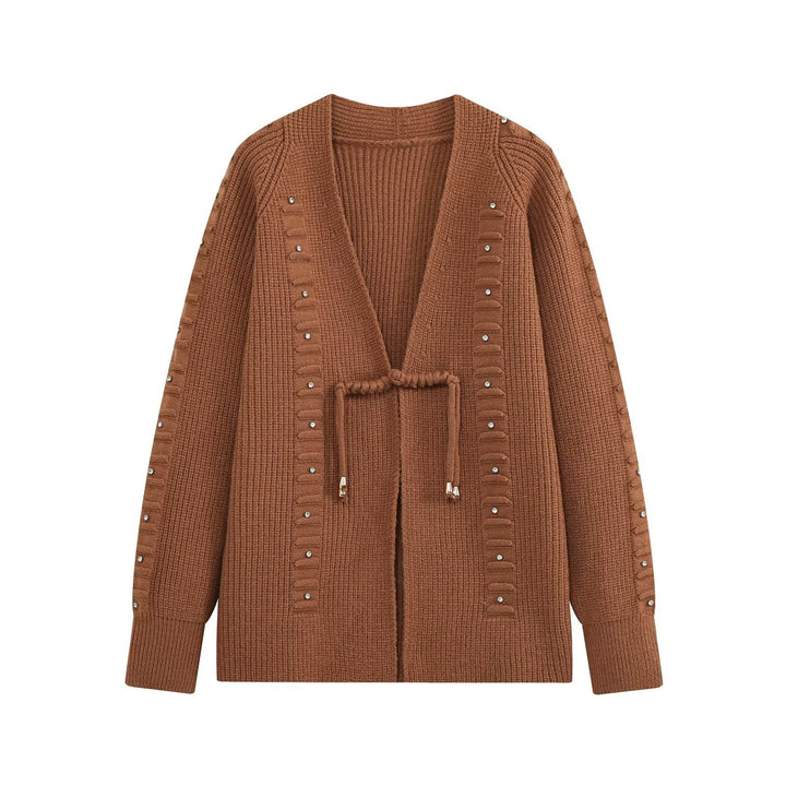 Women Chunky Knit Long Cardigan with Decorative Stones and Drawstring Ties Drune