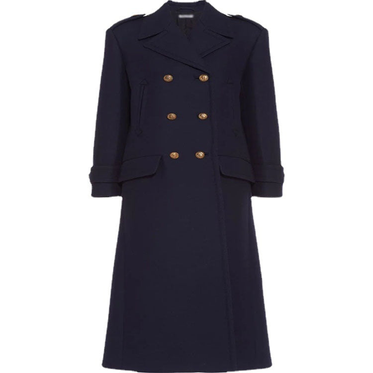 Women Double-breasted military-inspired Maxi Wool Coat with Epaulets and Decorative Straps Mune Fashion