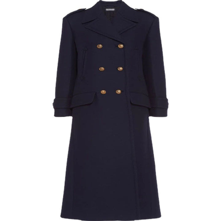 Women Double-breasted military-inspired Maxi Wool Coat with Epaulets and Decorative Straps Mune Fashion