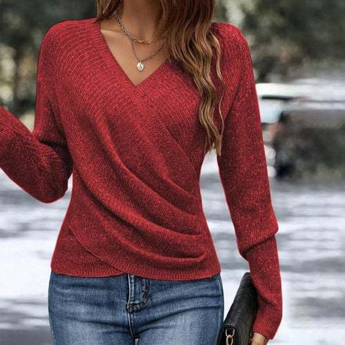 Women's figure-hugging wrap knitted pullover with V-neck and fine ribbed texture Mune Fashion