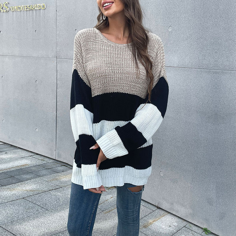 Women's Oversized Block Stripe Sweater from Chunky Knit with Wide Cut Mune Fashion