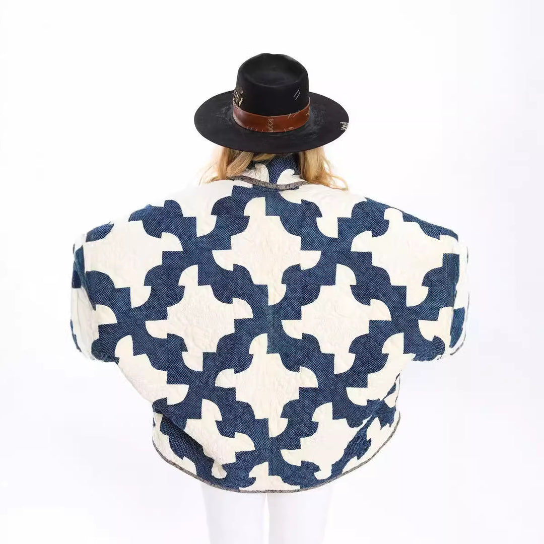 Women's Quilted Oversize Jacket with Patchwork Pattern and Wide Kimono Sleeves Mune Fashion