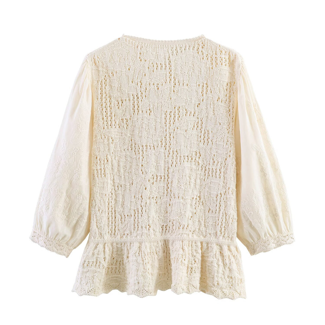 Women's Knitted Button Placket Blouse with Ruffled Waist and Embroidered Balloon Sleeves Mune Fashion