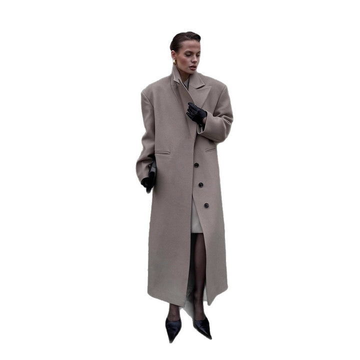 Women Maxilength Clean-Cut Wool Blend Coat with Oversized Lapels and Straight Silhouette Mune Fashion