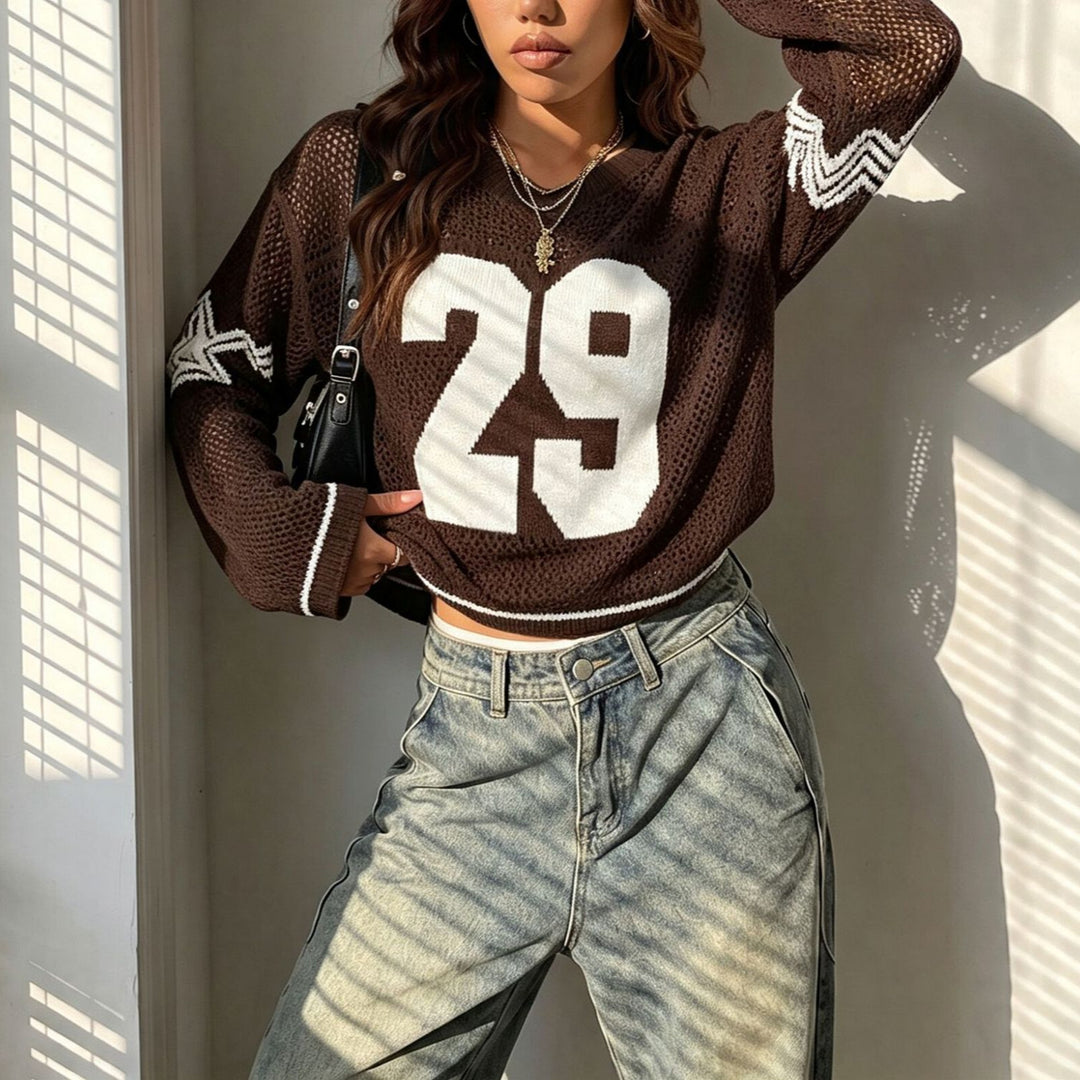 Women Oversize Mesh Knit Cropped Pullover with V-Neck Mune Fashion