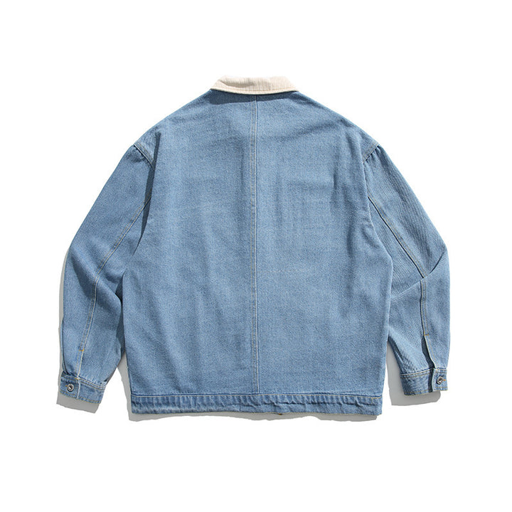 Unisex Boxy Jeans Jacket with Cord Collar, Snap Button Placket and Side Pockets Mune Fashion