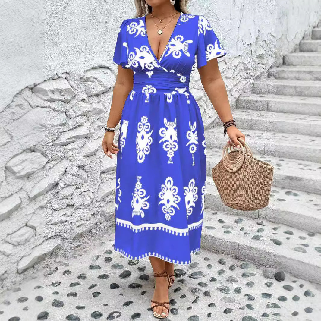 Women's Wrap Midi Dress with Tailored Draping and Decorative Border Print Mune Fashion