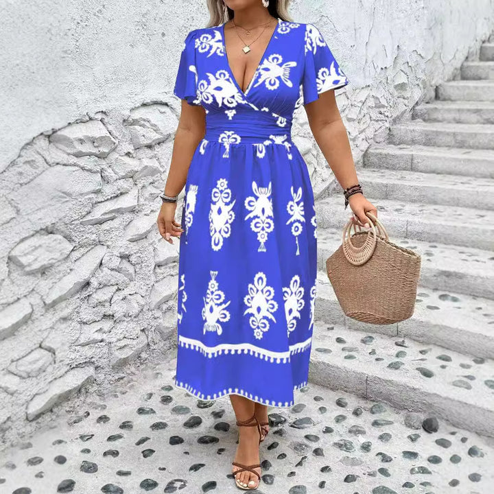 Women's Wrap Midi Dress with Tailored Draping and Decorative Border Print Mune Fashion