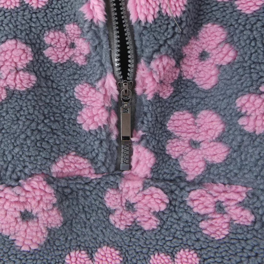 Ladies Teddy Fleece Hooded Jacket with Stand-up Collar, Floral Relief and Half Zip Mune Fashion
