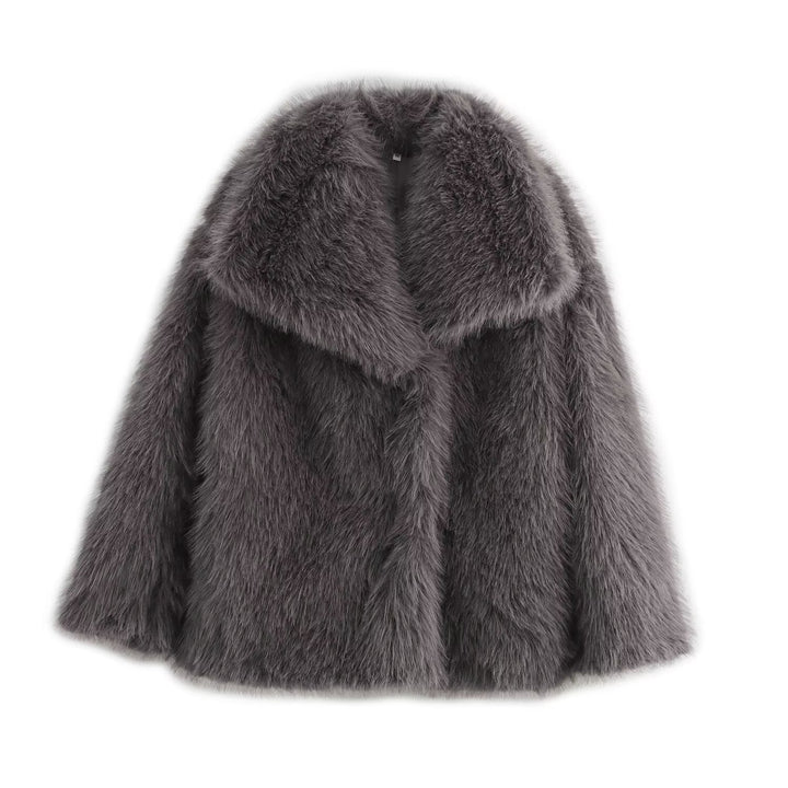 Ladies Short-Cut Faux-Fur Coat with Voluminous Shawl Collar and Straight Cut Mune Fashion