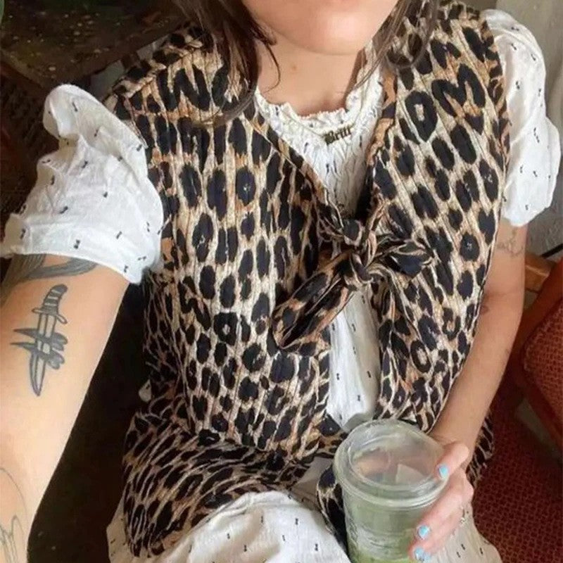 Women Sleeveless Leopard Print Vest with Ties and Textured Surface Mune Fashion