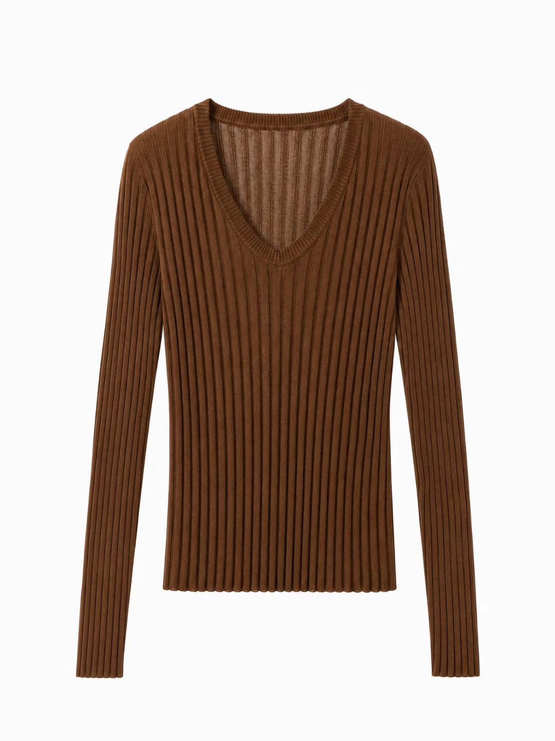 Women Tight Fine Knit Long Sleeve with Deep V-Neck and Wide Ribbed Structure Mune Fashion