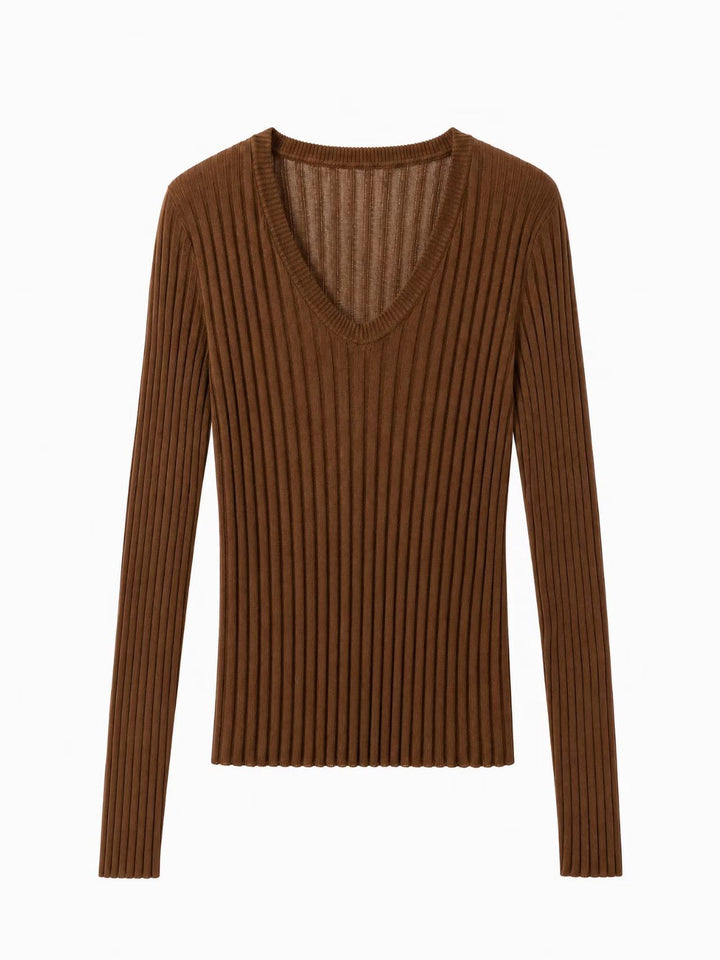 Women Tight Fine Knit Long Sleeve with Deep V-Neck and Wide Ribbed Structure Mune Fashion