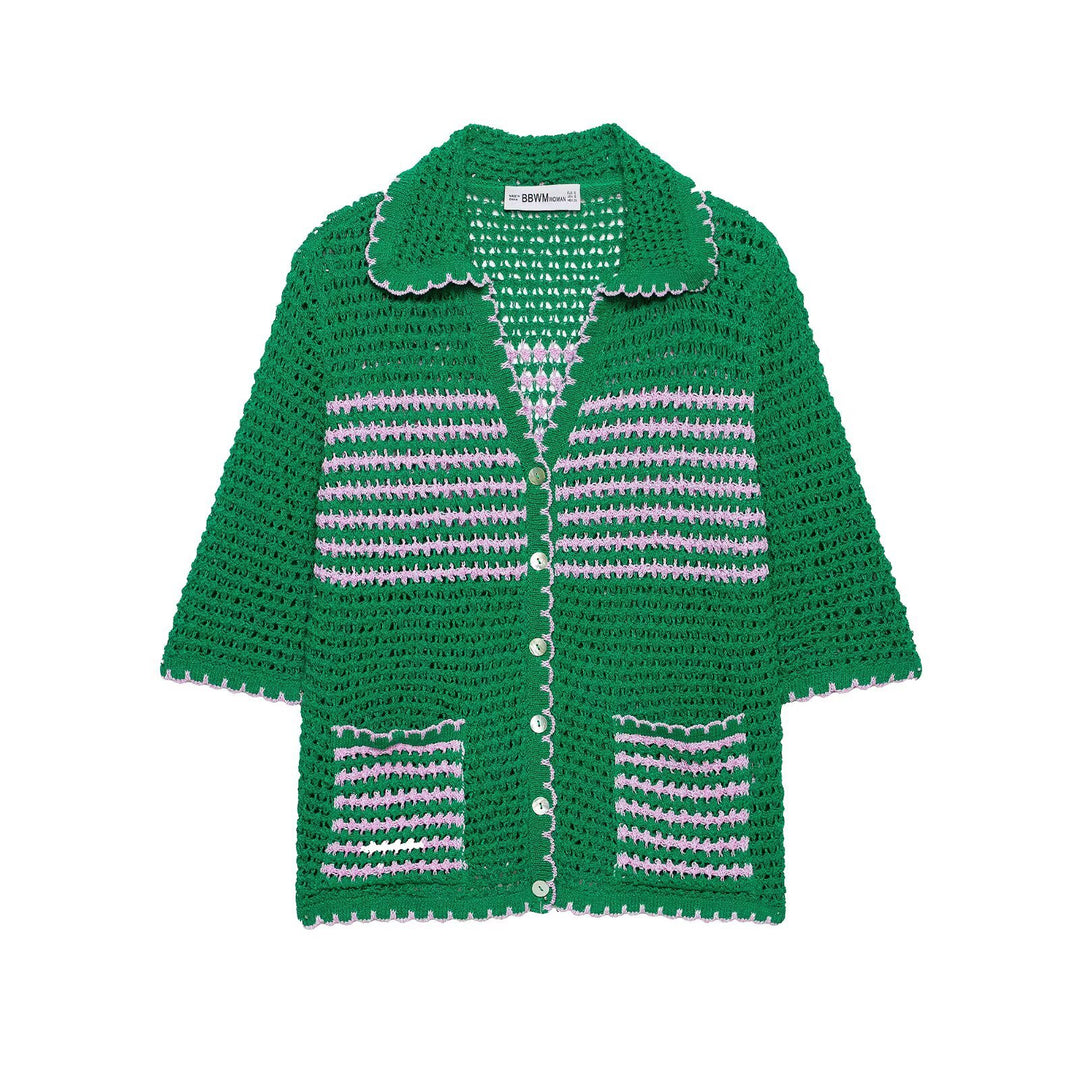 Ladies crochet cardigan with short sleeves, button placket and vintage collar Mune Fashion