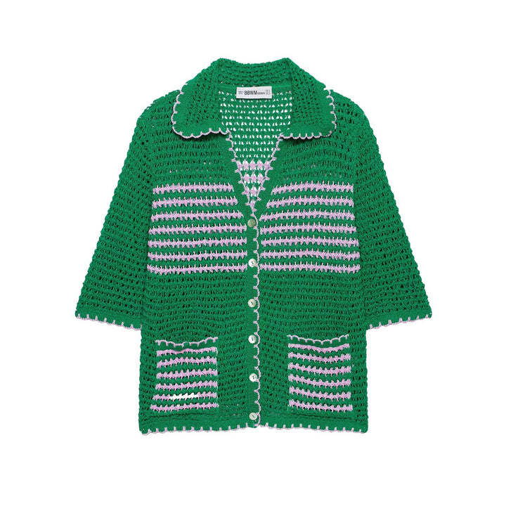 Ladies crochet cardigan with short sleeves, button placket and vintage collar Mune Fashion