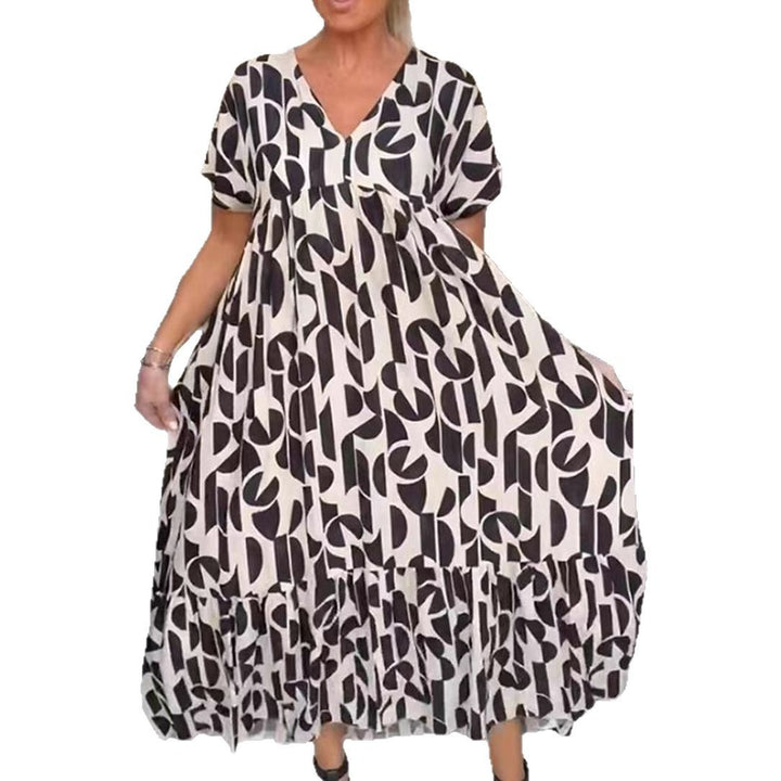 Women's voluminous maxi dress with under-bust seam, V-neck, short kimono sleeves, and tiered ruffle Mune Fashion