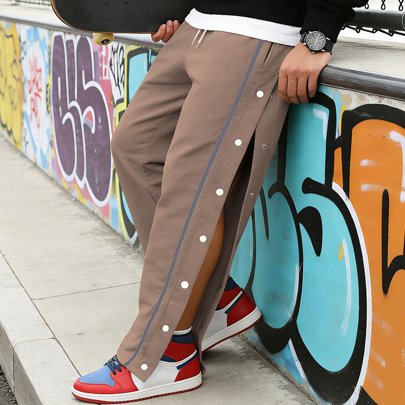 Men's button placket sweatpants with side snap buttons and drawstring