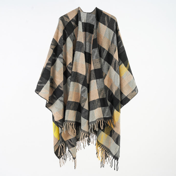 Women Oversized Plaid Poncho with Fringes and Woven Check Pattern Mune Fashion