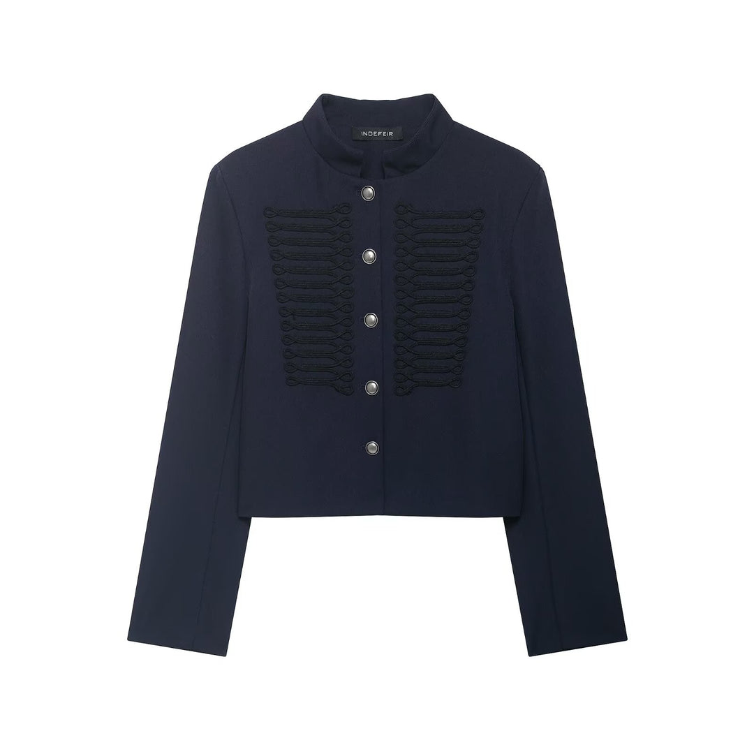 Women Short Military-Inspired Wool Blend Blazer with Stand-Up Collar and Decorative Cord Detail Mune Fashion