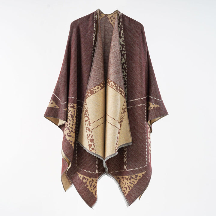 Women's Oversize Cape Throw with Jacquard Woven Patch Motifs and Fringed Hem Mune Fashion