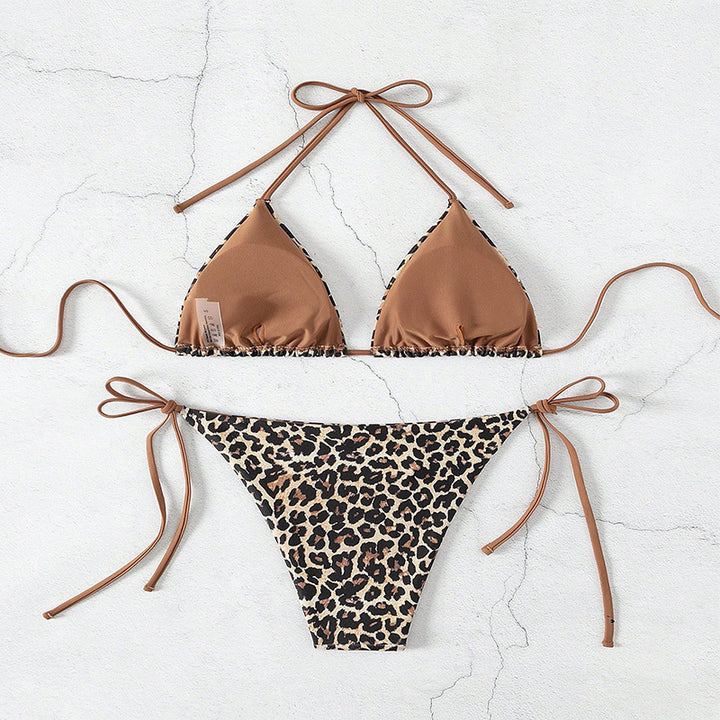 Ladies triangle bikini set with fashionable animal print and adjustable ties Mune Fashion