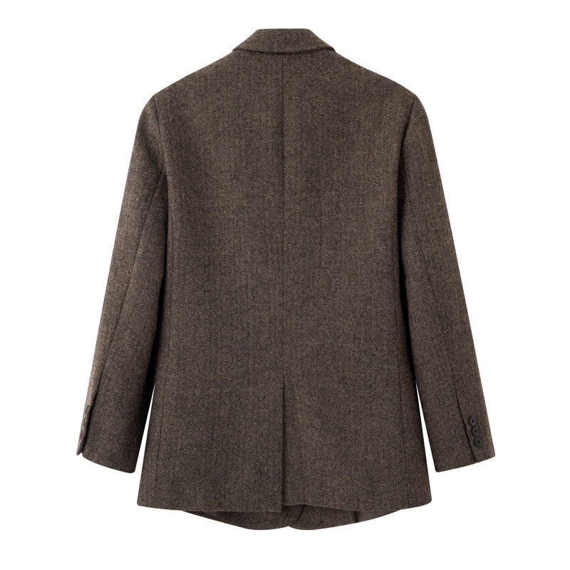 Women Double-Breasted Wool Blend Blazer in Herringbone Pattern with Flap Pockets Mune Fashion