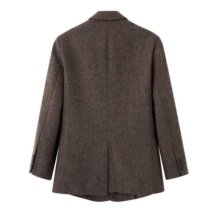 Women Double-Breasted Wool Blend Blazer in Herringbone Pattern with Flap Pockets Mune Fashion