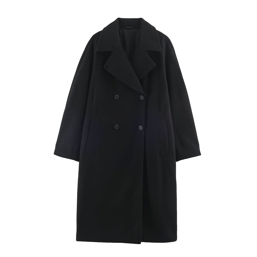 Women Mid-Length Wool Blend Double-Breasted Coat with Wide Lapels and Side Pockets Mune Fashion