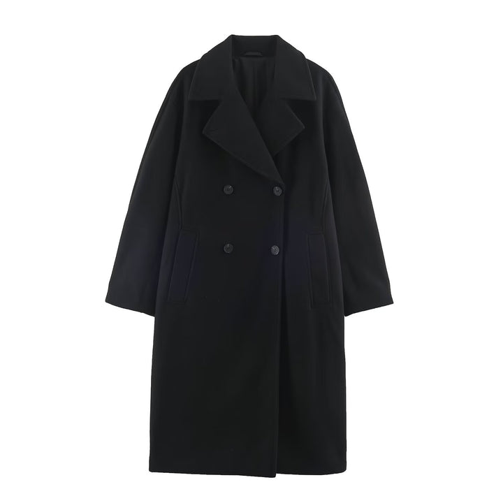 Women Mid-Length Wool Blend Double-Breasted Coat with Wide Lapels and Side Pockets Mune Fashion